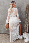 Elegante kanten maxi jurk voor dames - bohemian avondmode met doorschijnende lange mouwen en hoge split