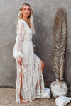 Elegante kanten maxi jurk voor dames - bohemian avondmode met doorschijnende lange mouwen en hoge split