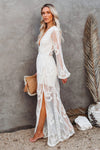 Elegante kanten maxi jurk voor dames - bohemian avondmode met doorschijnende lange mouwen en hoge split
