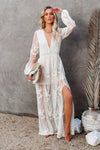 Elegante kanten maxi jurk voor dames - bohemian avondmode met doorschijnende lange mouwen en hoge split