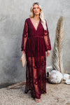 Elegante kanten maxi jurk voor dames - bohemian avondmode met doorschijnende lange mouwen en hoge split