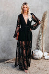 Elegante kanten maxi jurk voor dames - bohemian avondmode met doorschijnende lange mouwen en hoge split
