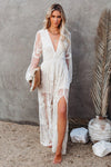 Elegante kanten maxi jurk voor dames - bohemian avondmode met doorschijnende lange mouwen en hoge split