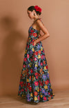 Dames maxi jurk met elegante bloemenprint in zwart taffeta - veelzijdige zomerkleding voor avonden