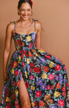 Dames maxi jurk met elegante bloemenprint in zwart taffeta - veelzijdige zomerkleding voor avonden