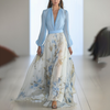Vrouwen maxi jurk - elegante v-hals lange mouwen in blauw voor tuinfeesten