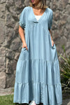 Dames tiered maxi jurk met korte mouwen - flatterende v-hals casual zomeroutfit