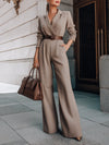 Dames jumpsuit taupe met ceintuur en wijde pijpen - elegante kantoorkleding
