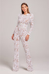 Dames jumpsuit van kant - elegante avondmode met uitlopende broekspijpen en stijlvolle lange mouwen