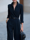 Dames jumpsuit elegante wijd-uitlopende broek zwart avondkleding - dubbel-geknopte ceintuur voor verfijnde dames