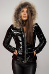Pufferjas - zwart glanzende damesjas met faux fur capuchon