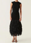 Knit midi jurk - elegante zwarte franjes jurk voor vrouwen