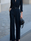 Dames jumpsuit elegante wijd-uitlopende broek zwart avondkleding - dubbel-geknopte ceintuur voor verfijnde dames