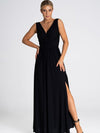 Elegante zwarte maxi-jurk met diepe v-hals en hoge split - Bakkermode.nl
