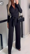 Dames jumpsuit elegante wikkel v-hals zwarte casual outfit - stijlvolle lange mouwen lounge set voor vrouwen