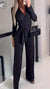 Dames jumpsuit elegante wikkel v-hals zwarte casual outfit - stijlvolle lange mouwen lounge set voor vrouwen