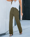 Dames wijde pijpen broek met hoge taille en knoopdetails - stijlvolle everyday wear met praktische zakken