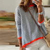 Gestreepte pullover - gezellige blauwe en witte trui met oranje afgewerkte details voor dames