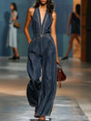 Brede-pijpen denim jumpsuit - donkerblauw dames casual zonder mouwen