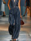 Brede-pijpen denim jumpsuit - donkerblauw dames casual zonder mouwen