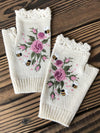 Halvevinger handschoenen - gebreide handschoenen voor dames met bijen- en bloemenborduursel