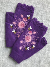 Halvevinger handschoenen - gebreide handschoenen voor dames met bijen- en bloemenborduursel