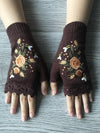 Halvevinger handschoenen - gebreide handschoenen voor dames met bijen- en bloemenborduursel
