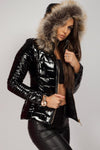 Pufferjas - zwart glanzende damesjas met faux fur capuchon