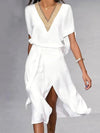 Dames casual midi jurk elegante v-hals wit - lichtgewicht zomeroutfit